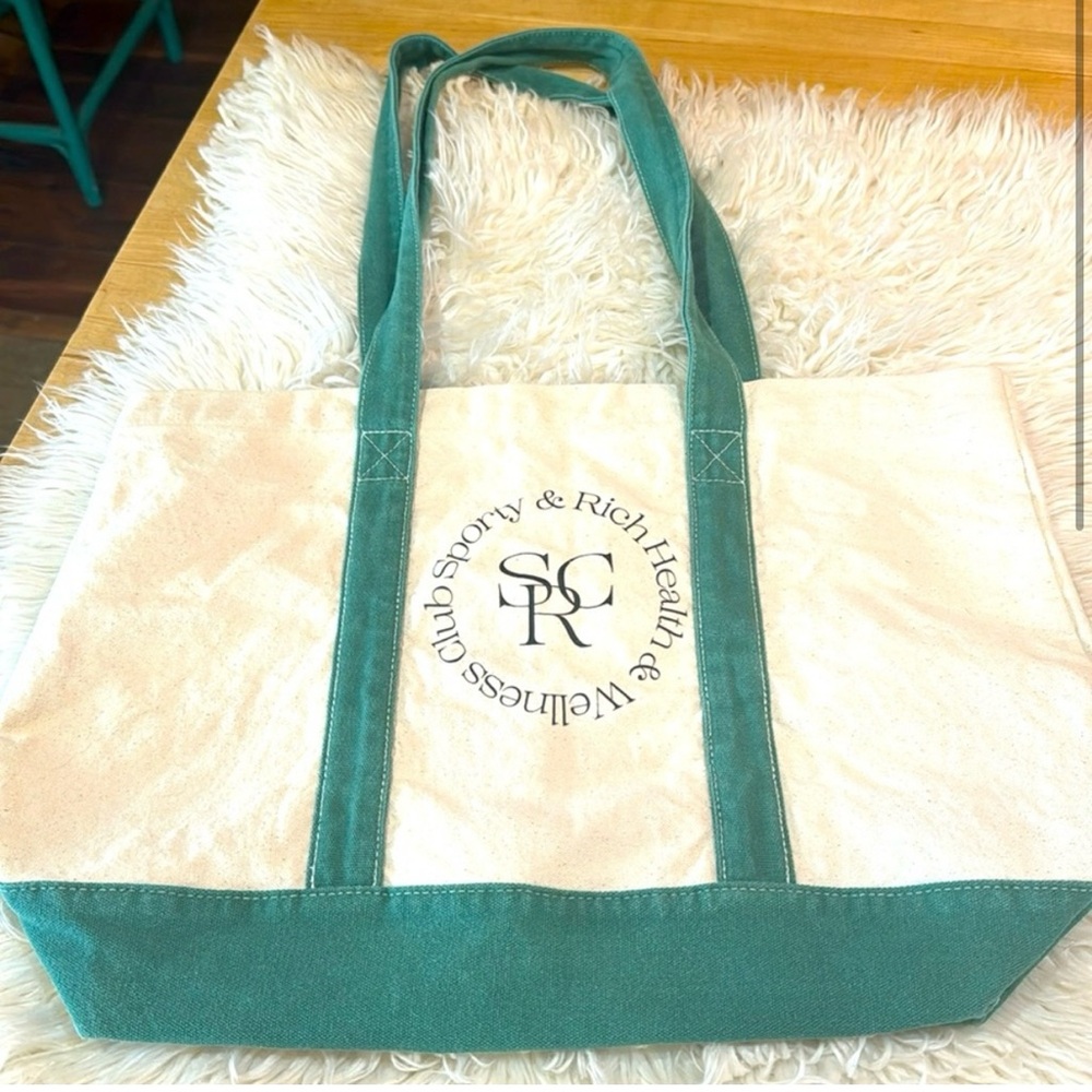 Sporty & Rich Cream and Green Tote Bag with Double Handles